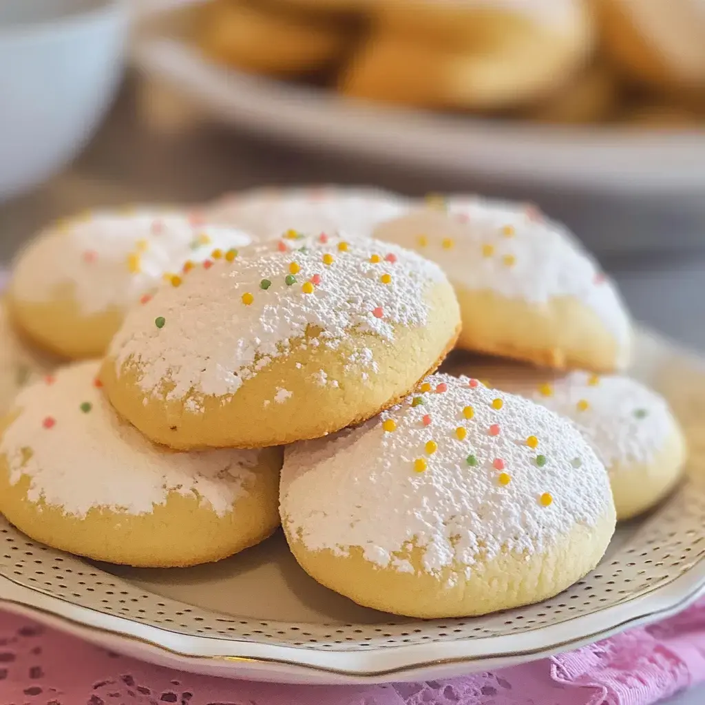 A plate of soft, powdered sugar-coated cookies sprinkled with colorful dots.