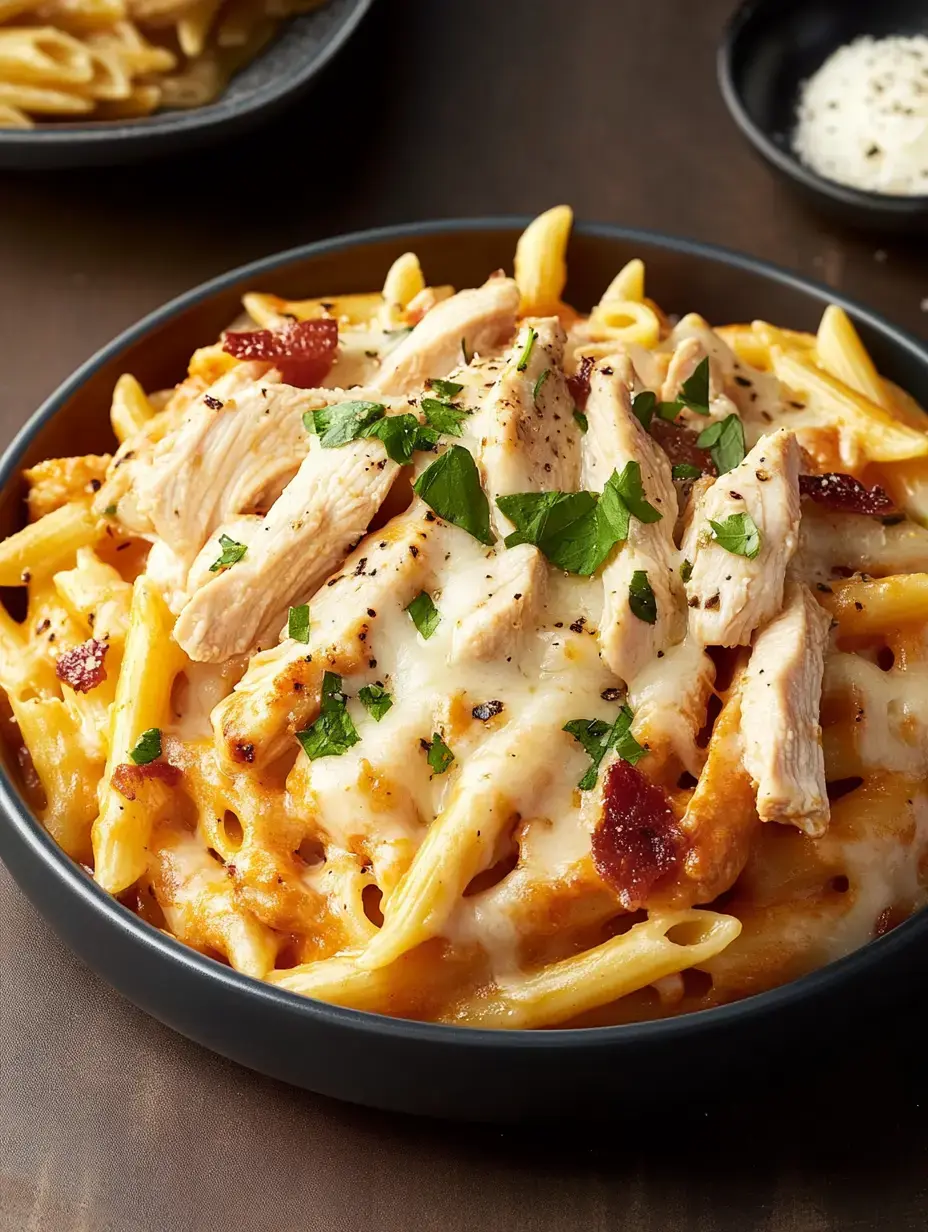 A close-up of a bowl of creamy penne pasta topped with sliced grilled chicken, bacon pieces, and fresh parsley.