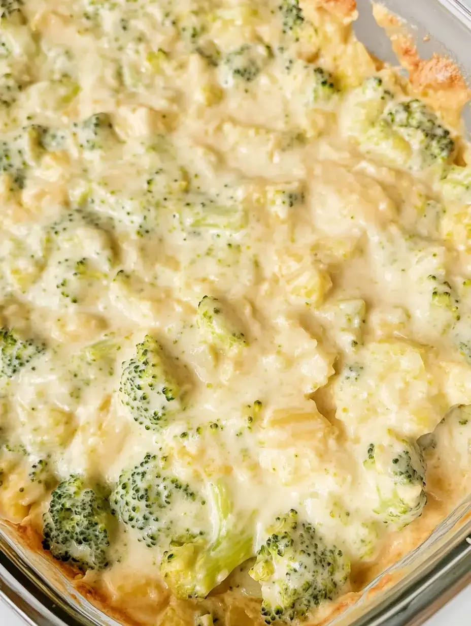 A creamy broccoli and cheese casserole is baked in a glass dish, featuring pieces of broccoli enveloped in a cheesy sauce.