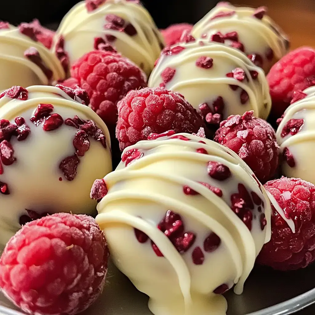 A close-up image of white chocolate-covered dessert balls and fresh raspberries, adorned with raspberry flakes.