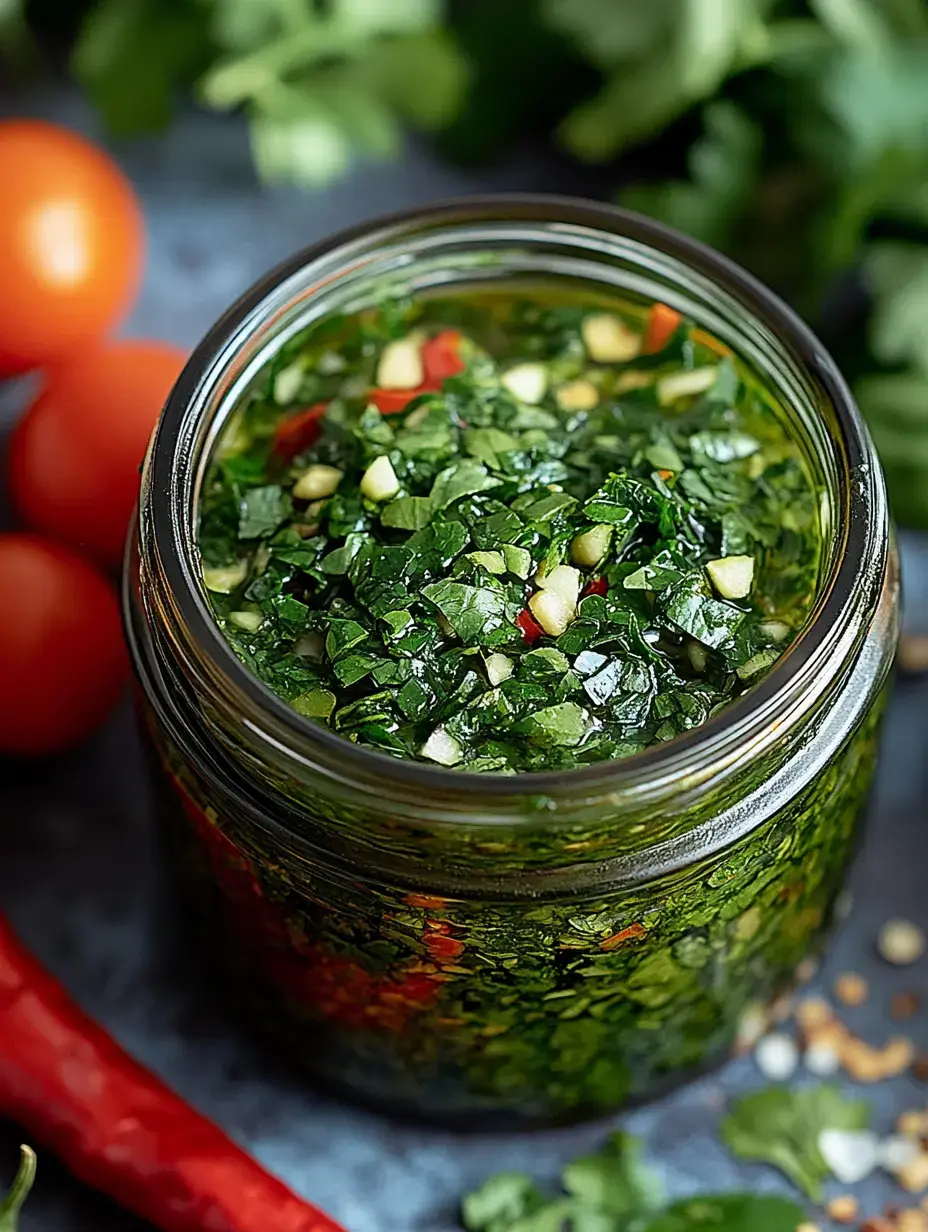 A close-up of a glass jar filled with chopped green herbs, chili, and garlic, surrounded by cherry tomatoes and fresh cilantro.