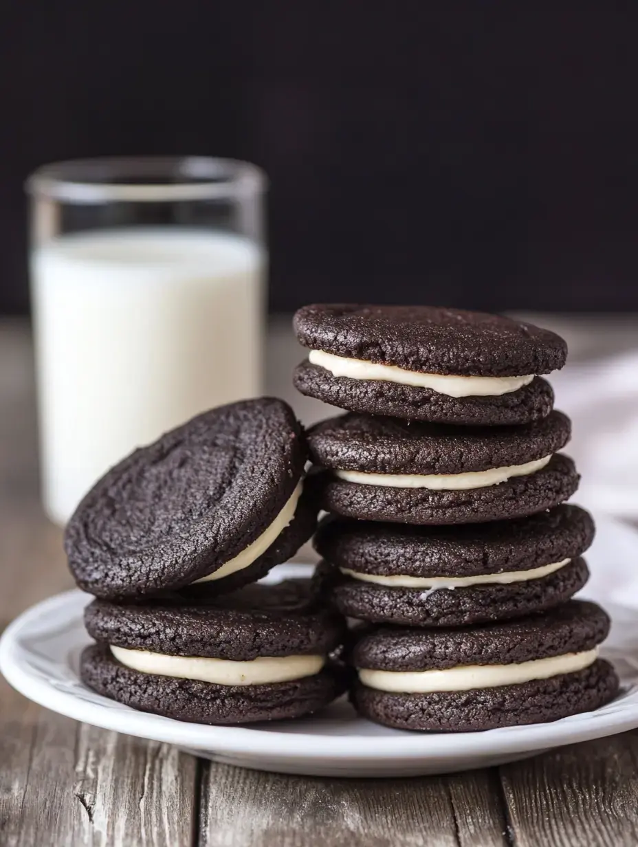 A stack of chocolate sandwich cookies with cream filling is placed on a white plate next to a glass of milk on a wooden surface.