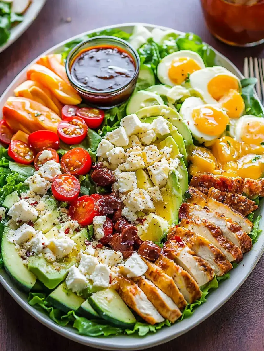 A colorful salad composed of sliced grilled chicken, mixed greens, cherry tomatoes, avocado, cucumbers, boiled eggs, feta cheese, and a small bowl of dressing.