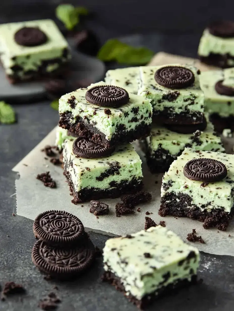 A close-up view of mint green cheesecake squares topped with Oreo cookies, arranged on a dark surface with scattered cookie crumbs.