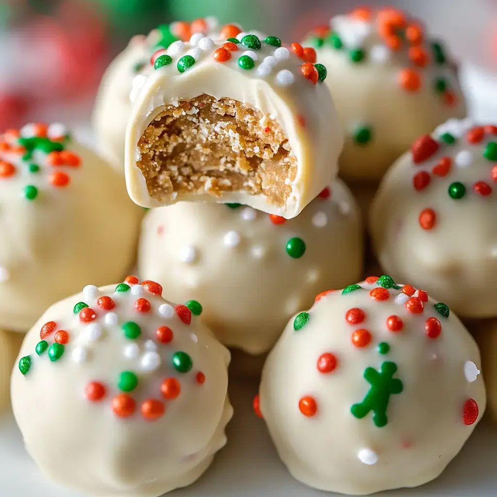 A delicious arrangement of white chocolate-covered truffles, decorated with colorful sprinkles, with one truffle showing a bite taken out to reveal a crumbly filling inside.