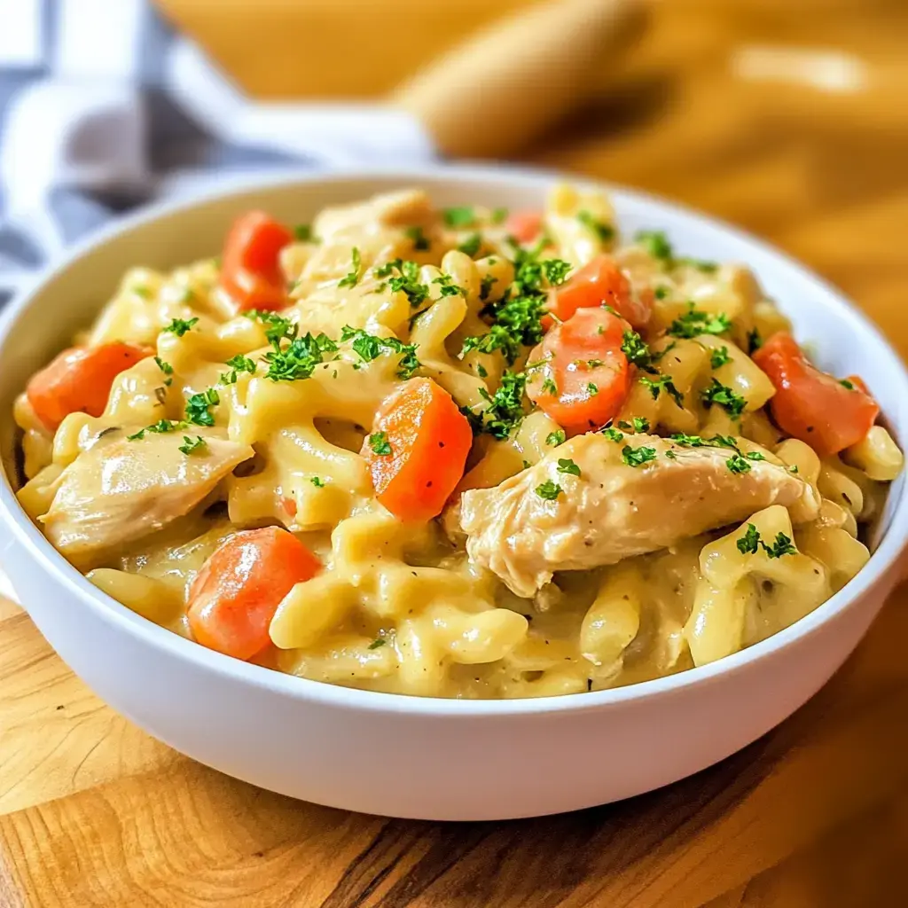 A bowl of creamy pasta with chicken, carrots, and parsley on a wooden surface.