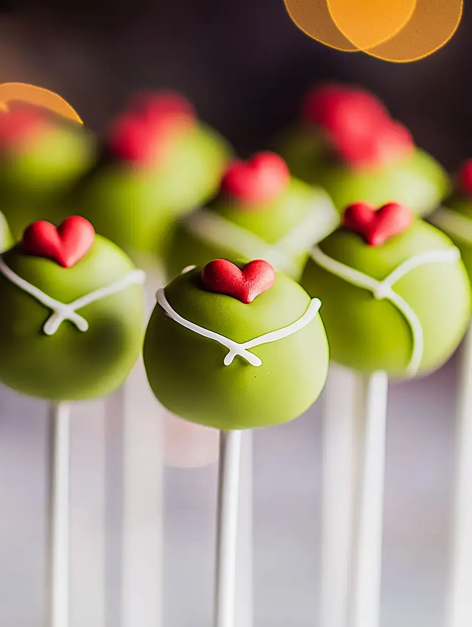 A collection of green cake pops adorned with red heart decorations on top, set against a blurred background with soft bokeh lights.