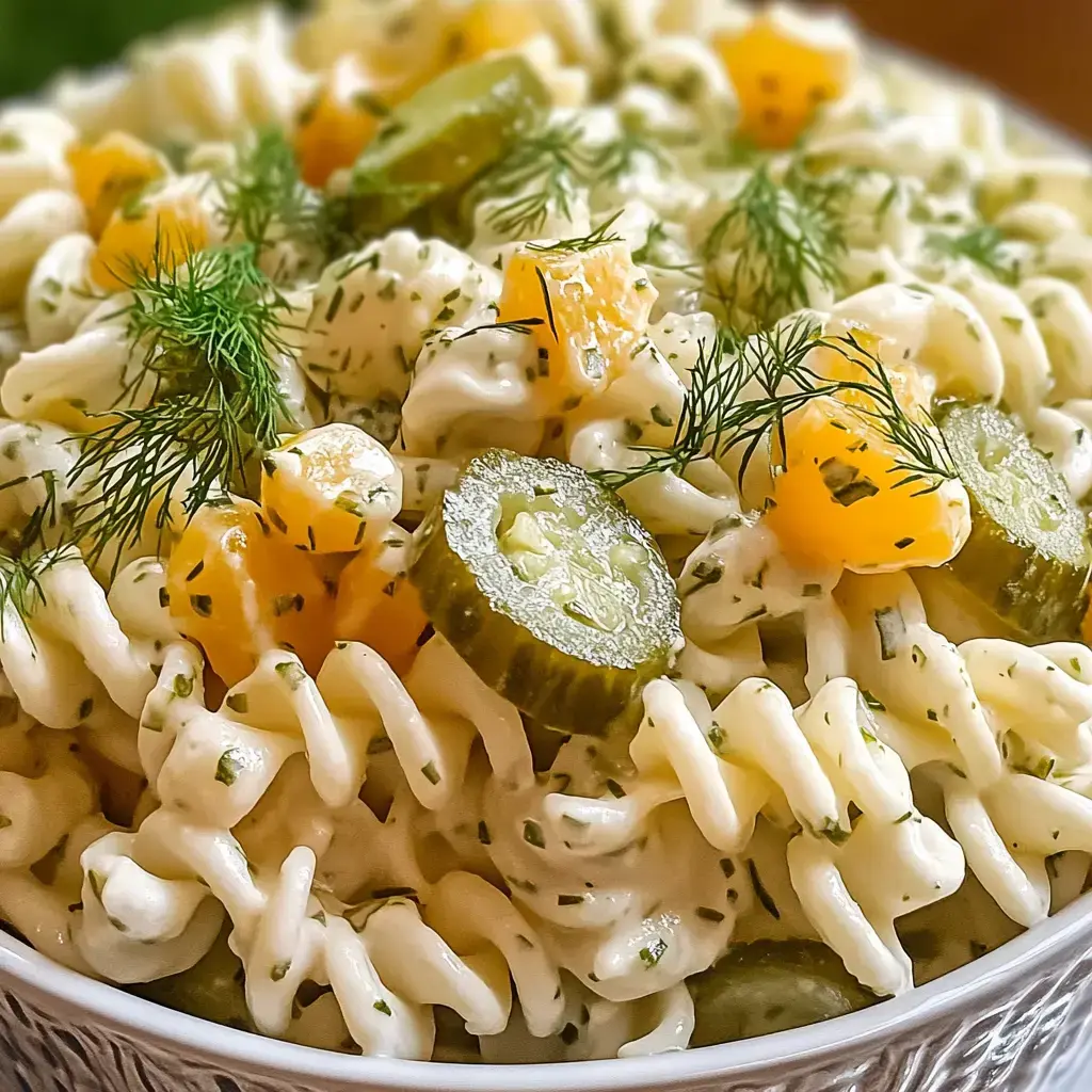 A close-up of a creamy pasta salad topped with diced pickles, yellow bell pepper, and fresh dill.