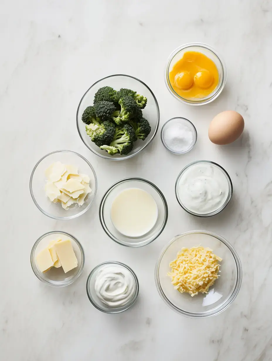 A flat lay arrangement of cooking ingredients, including broccoli, eggs, butter, milk, yogurt, cheese, and salt, presented in various glass bowls on a marble surface.