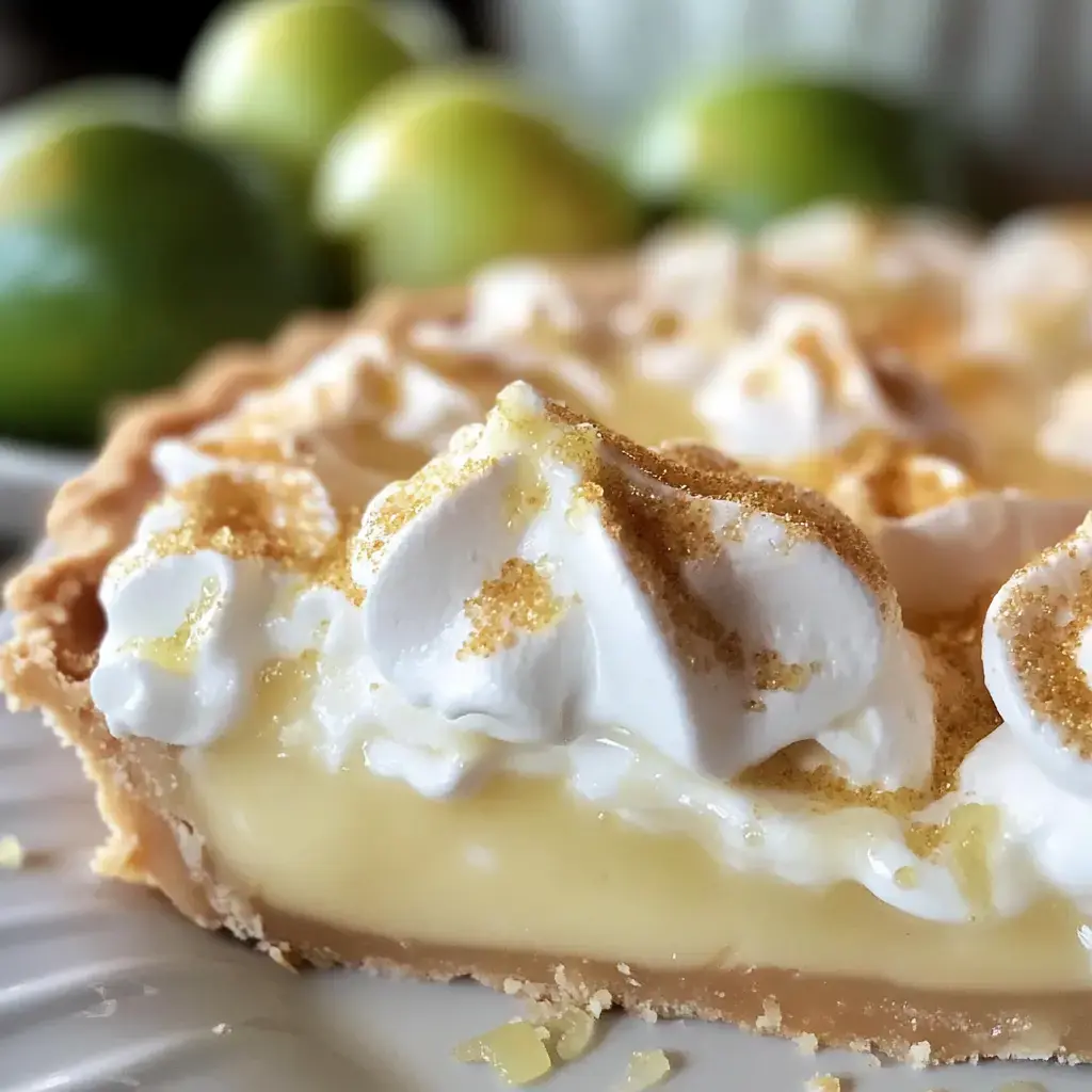 A close-up of a slice of key lime pie topped with whipped cream and golden sprinkles, with limes in the background.