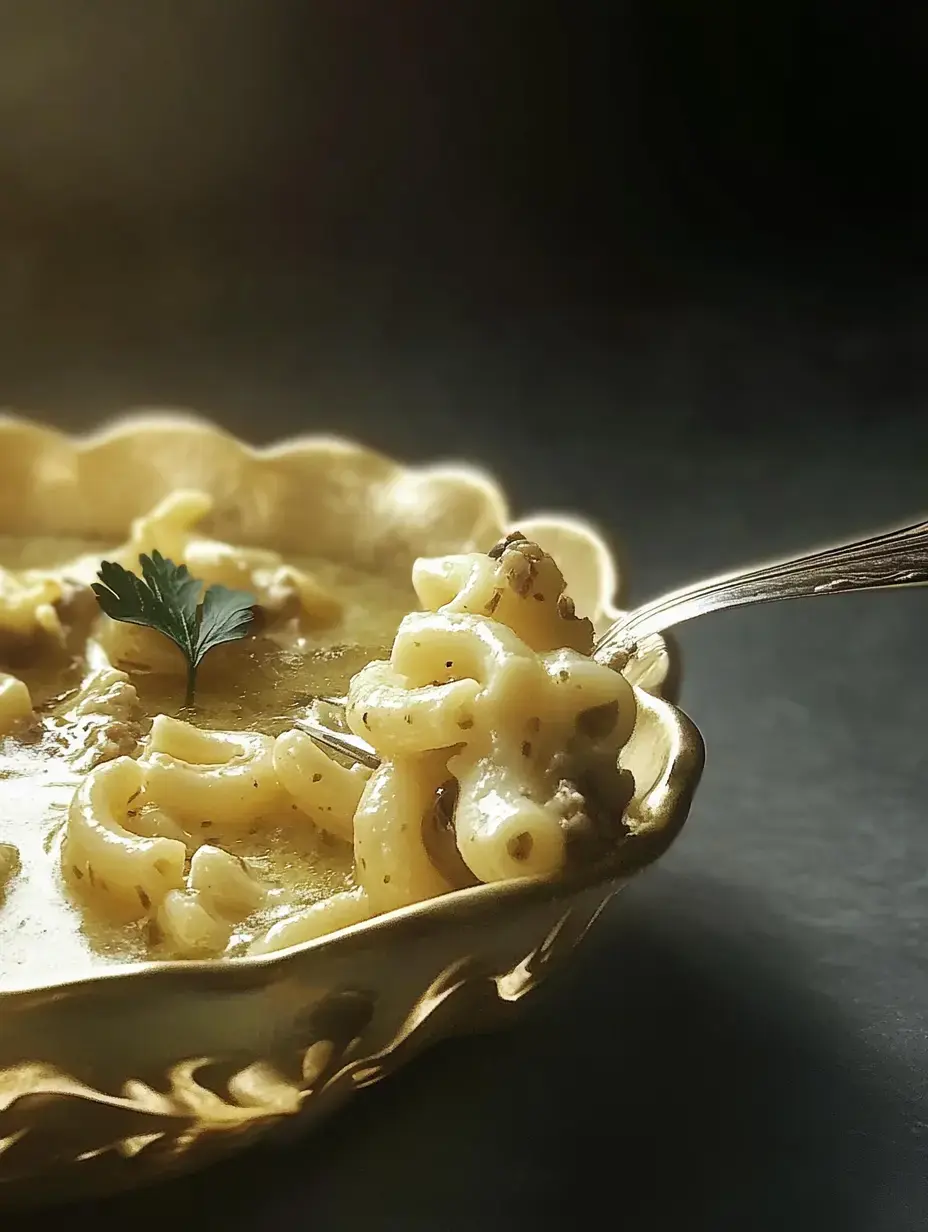 A close-up of a bowl of macaroni in a creamy sauce, garnished with a small sprig of parsley.