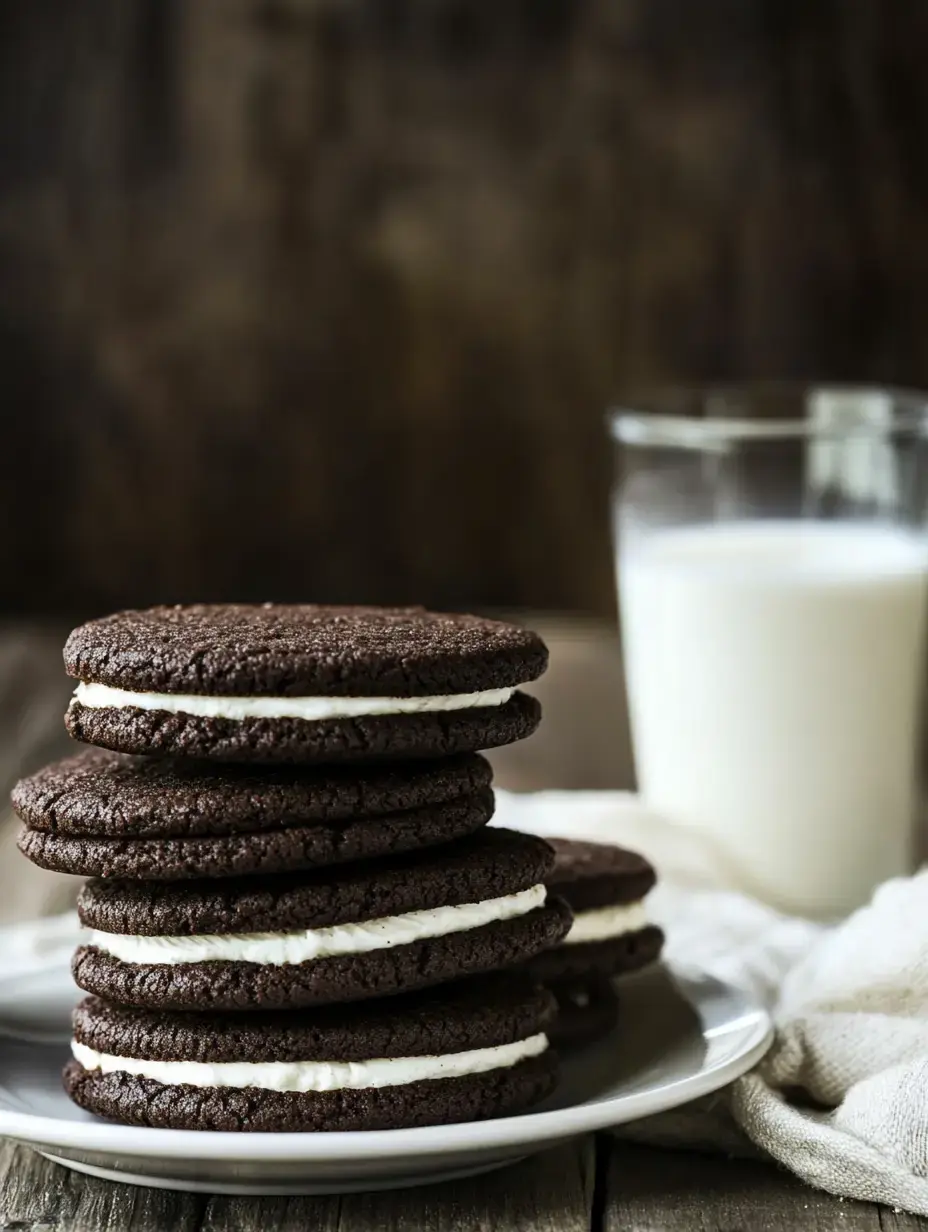 A stack of chocolate sandwich cookies is placed on a white plate next to a glass of milk.