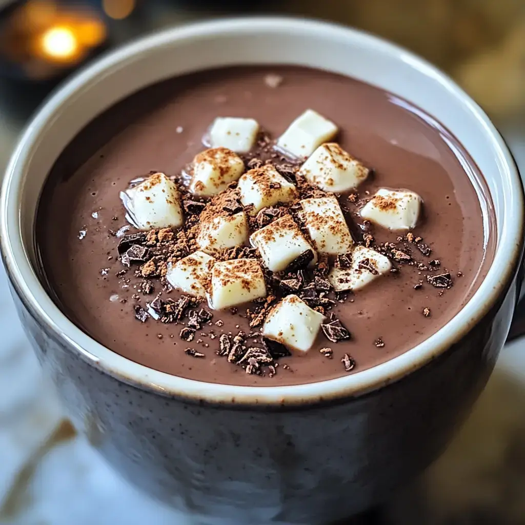 A close-up of a cup filled with rich chocolate drink topped with marshmallows and chocolate shavings.