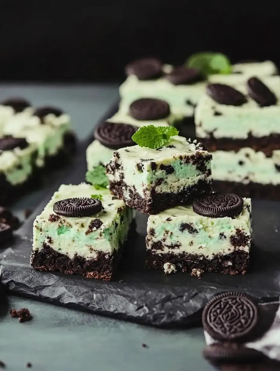 A close-up of mint chocolate cheesecake bars topped with Oreo cookies and fresh mint, arranged on a dark slate surface.