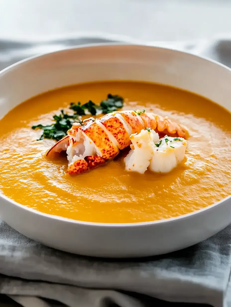 A bowl of creamy orange soup topped with pieces of lobster and parsley.