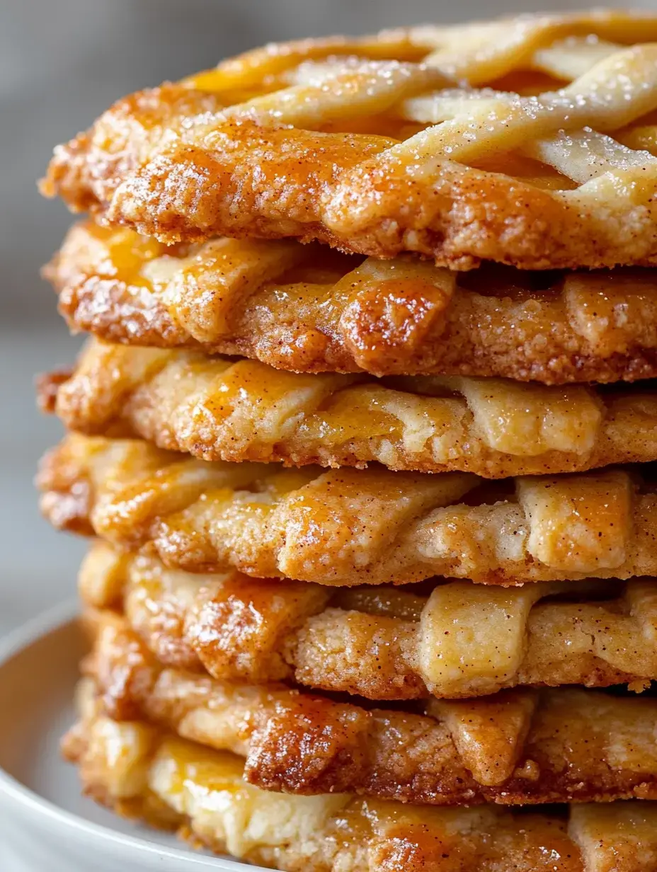 A stack of golden-brown, lattice-topped cookies is displayed on a white plate.