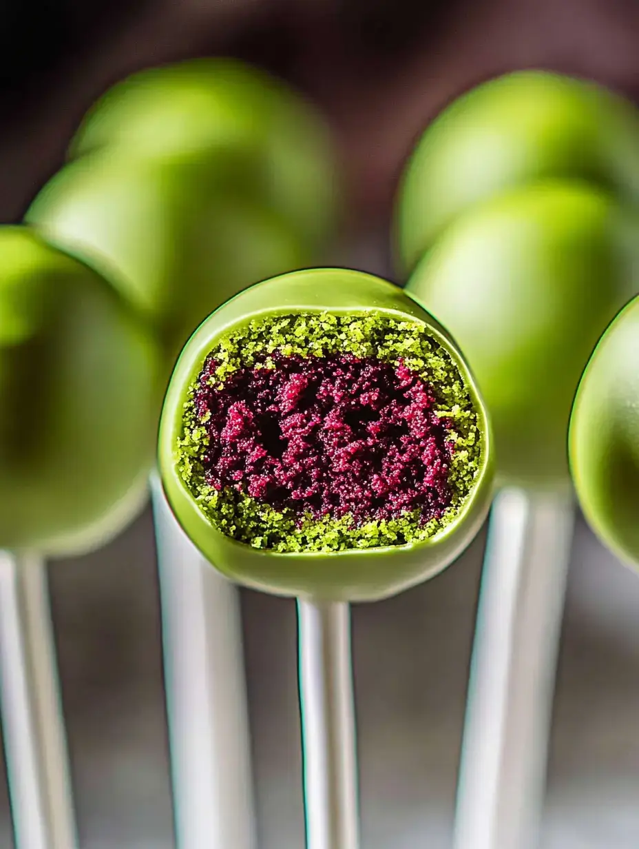 A close-up of a green cake pop, revealing a vibrant purple interior, with several other green cake pops softly blurred in the background.