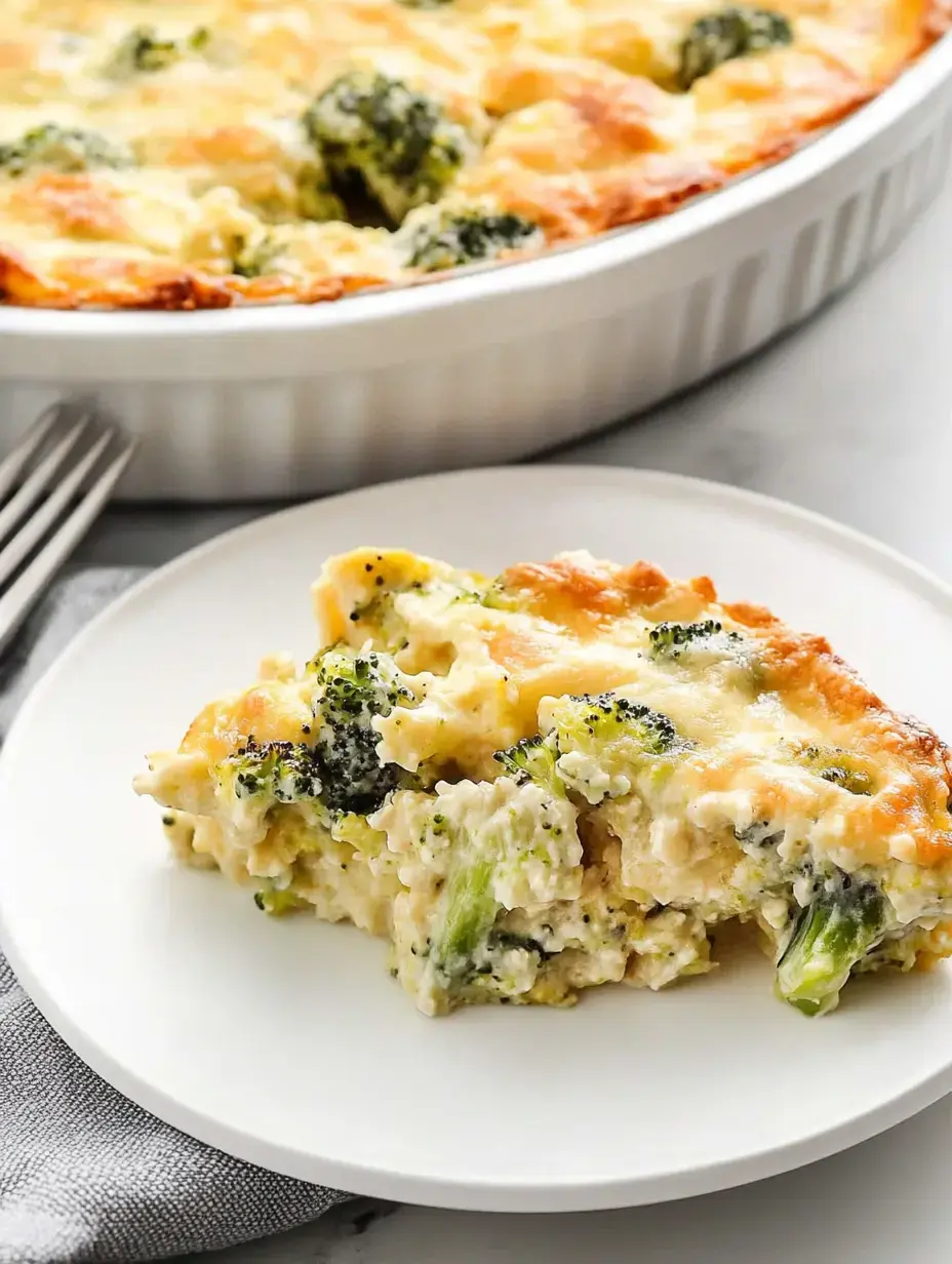 A slice of broccoli casserole is served on a white plate, with the rest of the dish in the background.