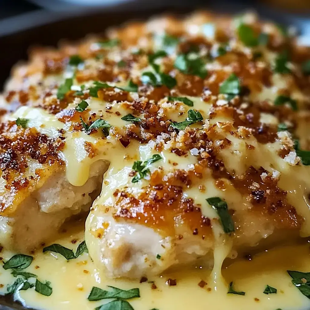 A close-up view of a creamy, cheese-covered dish topped with crispy breadcrumbs and fresh herbs.