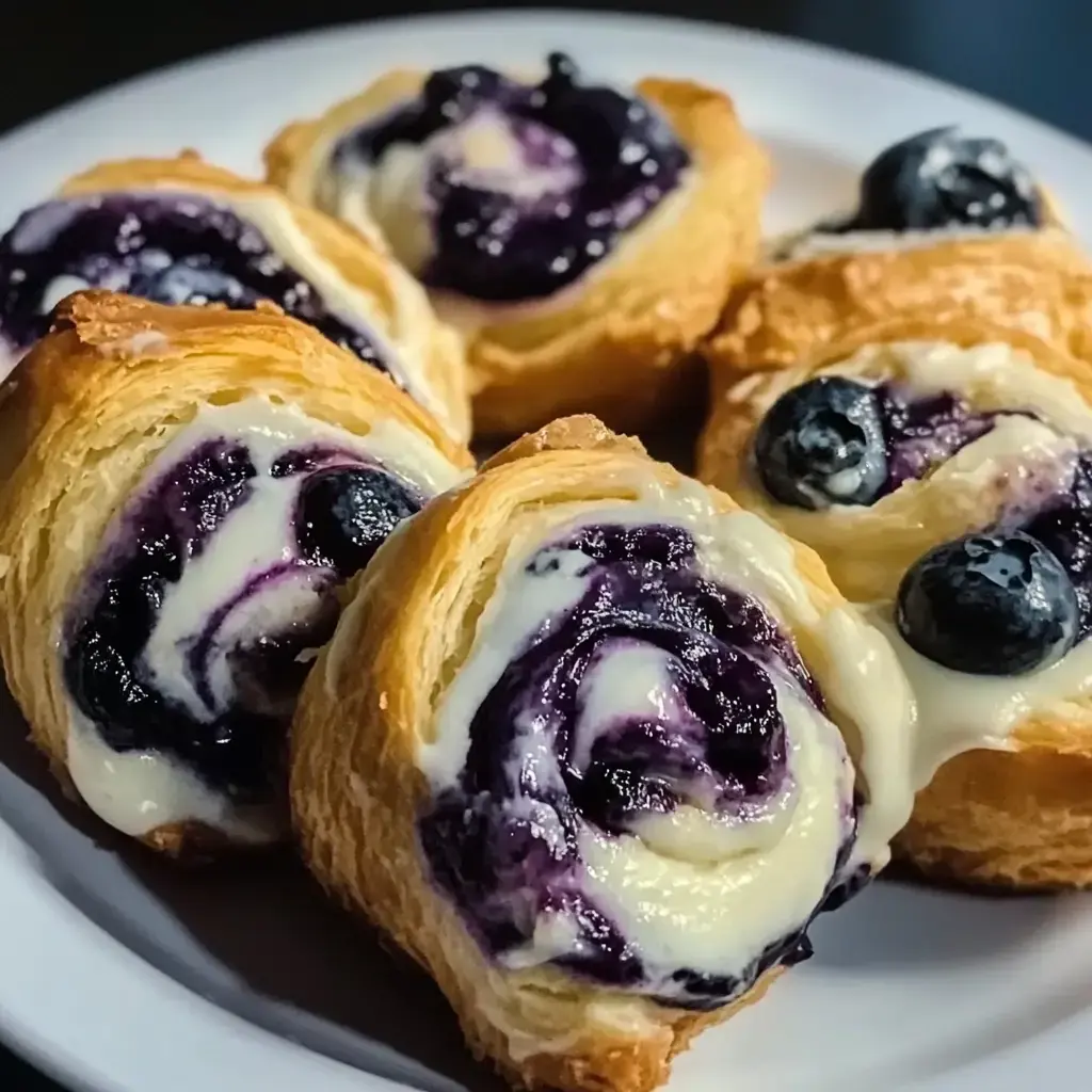 A close-up image of a plate of spiral blueberry cream pastries, showcasing their flaky layers and creamy filling.