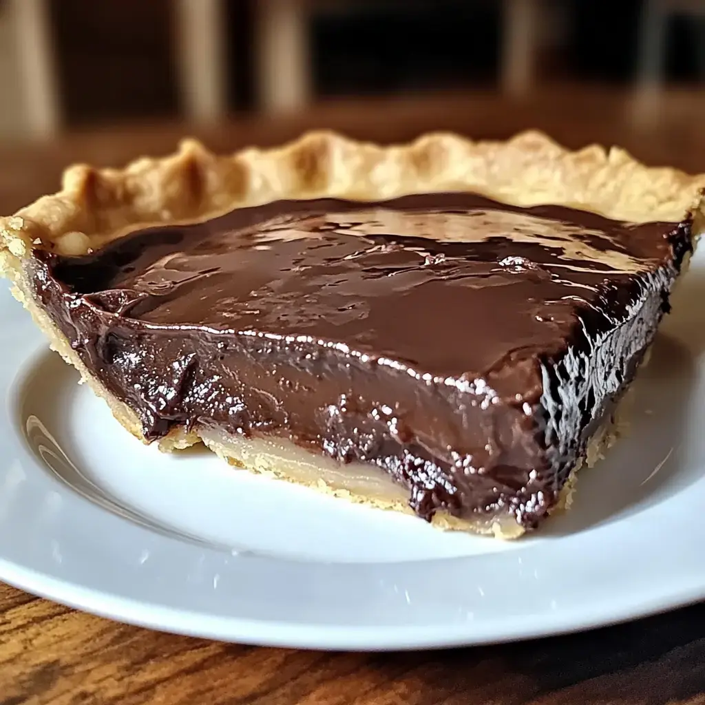 A slice of chocolate pie is presented on a white plate, showcasing a rich chocolate filling and a golden crust.