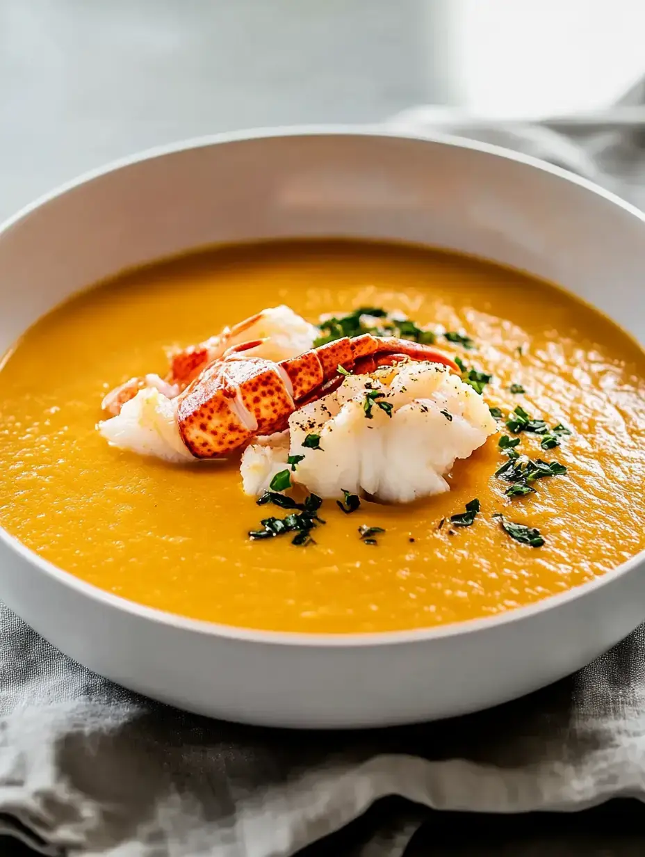 A creamy orange soup topped with lobster meat and a sprinkle of herbs in a white bowl.