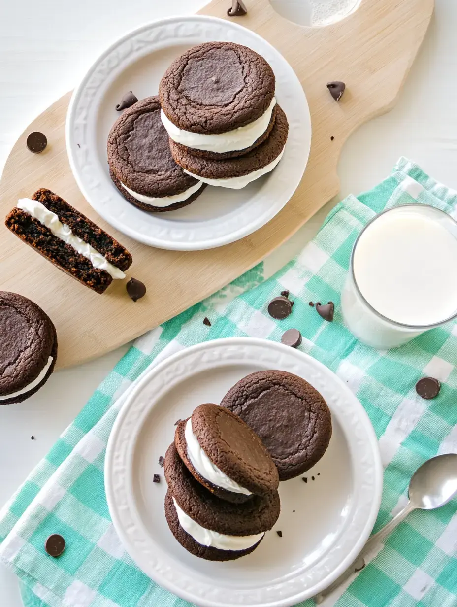 Two plates of chocolate sandwich cookies with cream filling are arranged on a wooden cutting board, alongside a glass of milk and scattered chocolate chips on a checkered cloth.