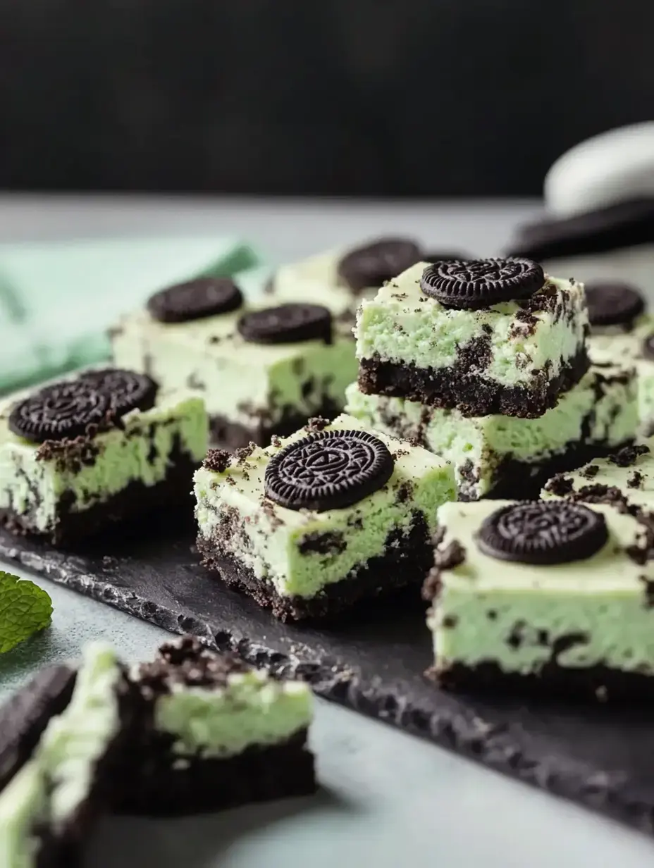 A close-up of cut mint-flavored dessert squares topped with Oreo cookies, arranged on a dark slate serving tray.