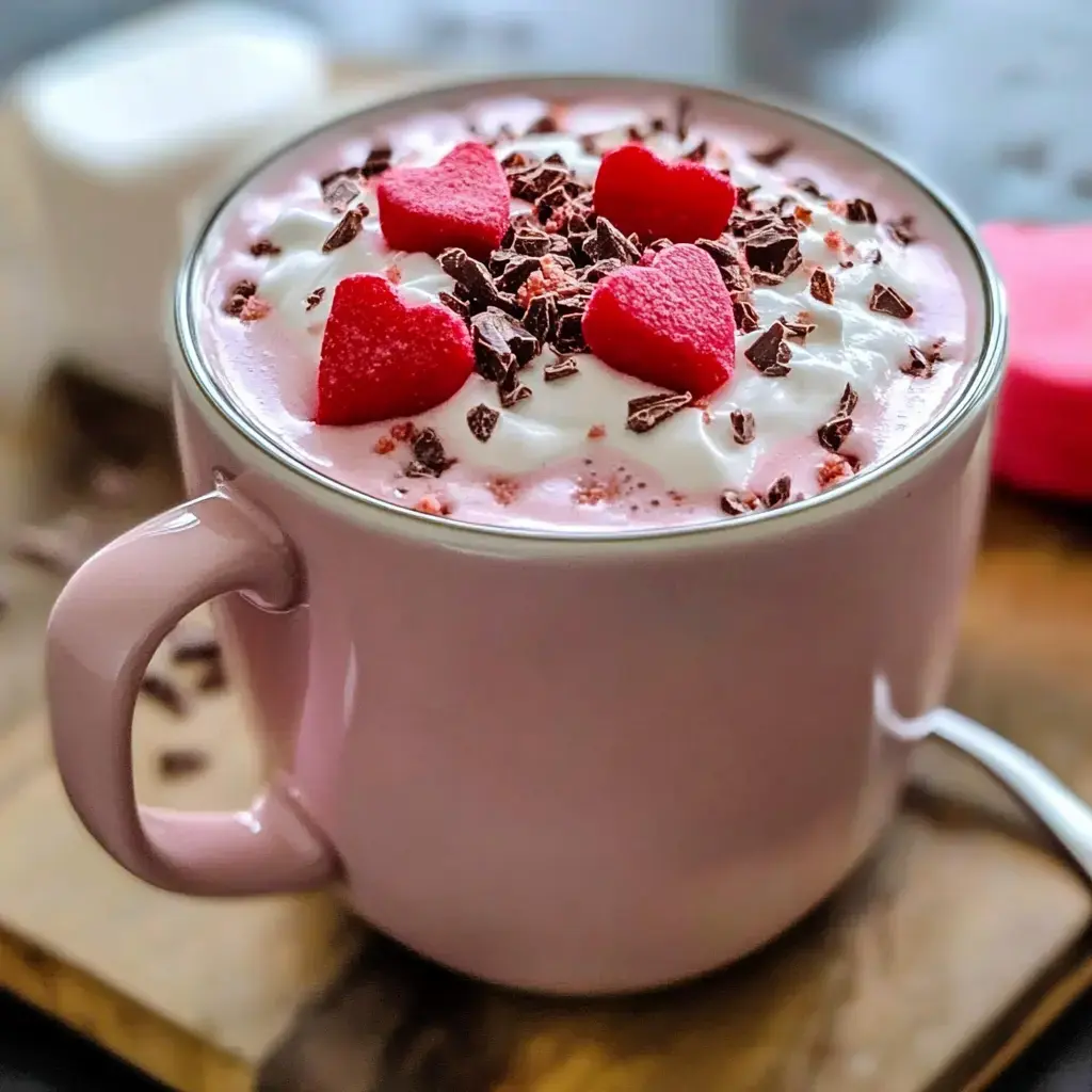 A pink mug filled with frothy pink beverage, topped with whipped cream, chocolate shavings, and heart-shaped candies, sits on a wooden surface.