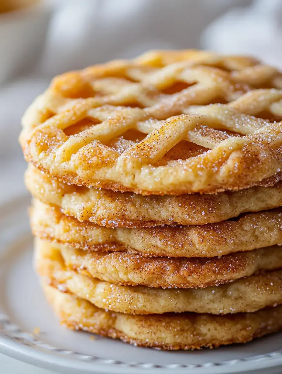 A stack of eight golden, sugar-coated waffle cookies rests on a decorative plate.