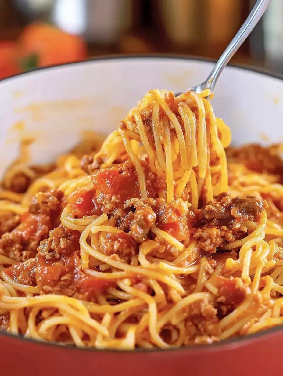 A fork lifts a serving of spaghetti with meat sauce from a bowl.