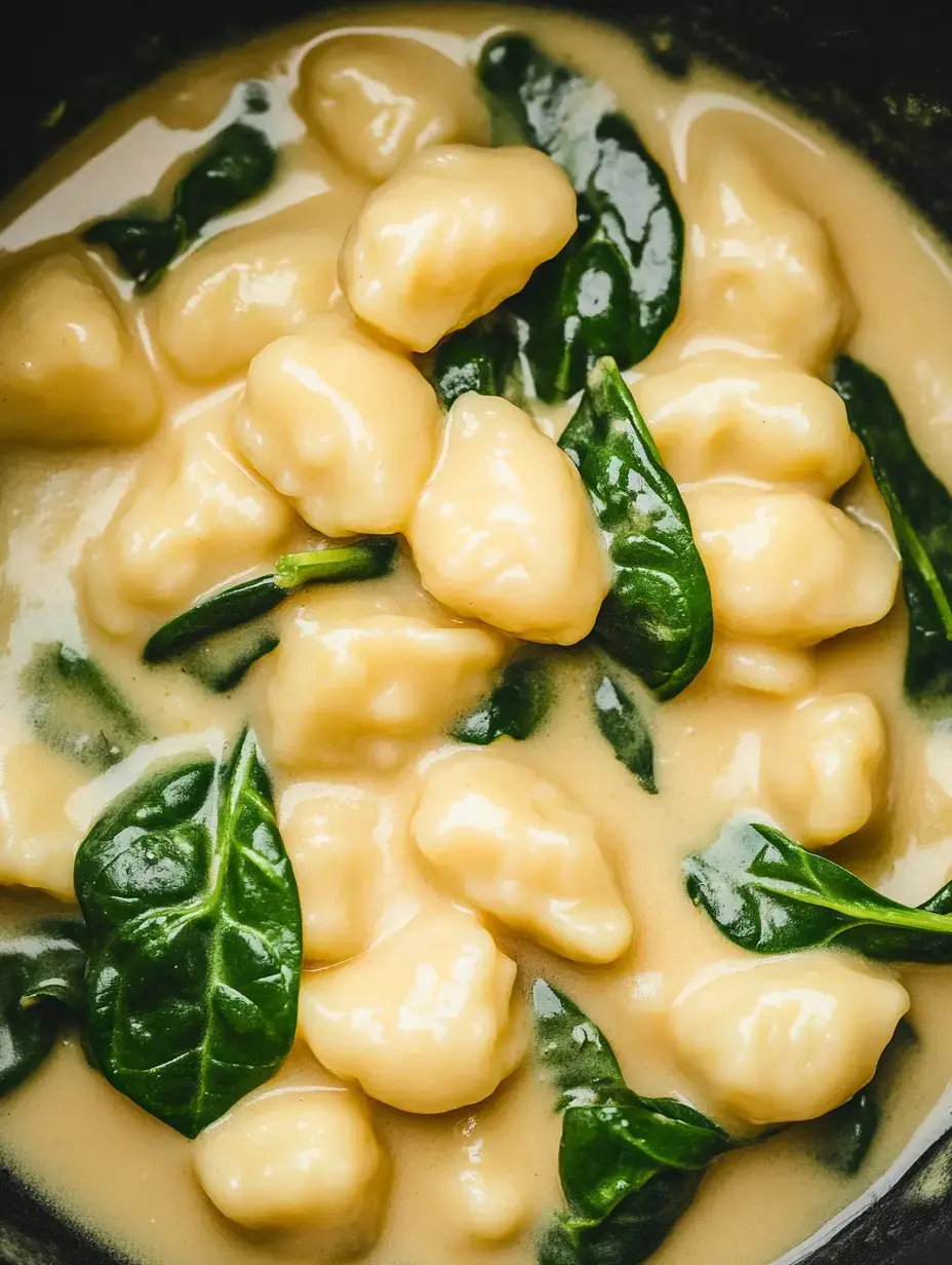 A close-up of gnocchi coated in a creamy sauce, garnished with fresh spinach leaves.