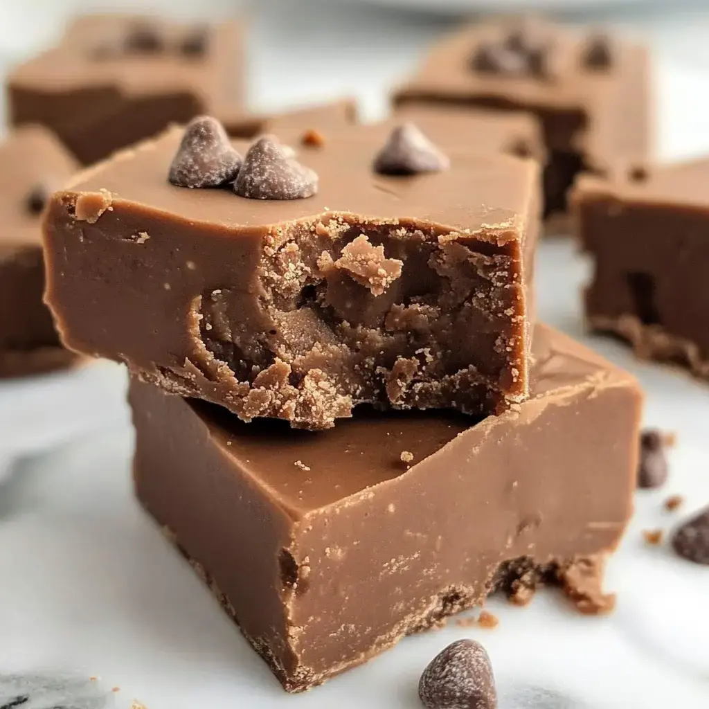 A close-up of chocolate fudge pieces, with one piece partially bitten, showcasing a smooth texture and topped with chocolate chips.