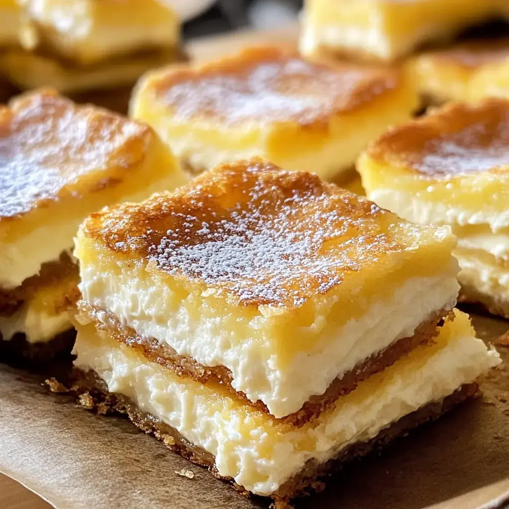 A close-up of layered dessert squares dusted with powdered sugar, featuring a creamy filling and a golden, crispy top.