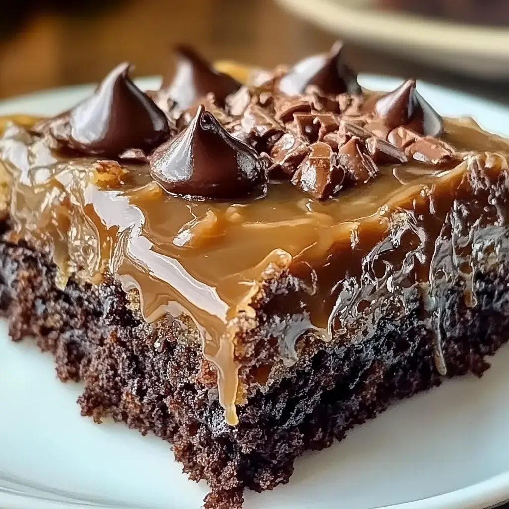 A close-up view of a decadent chocolate brownie topped with shiny caramel and dark chocolate chips.