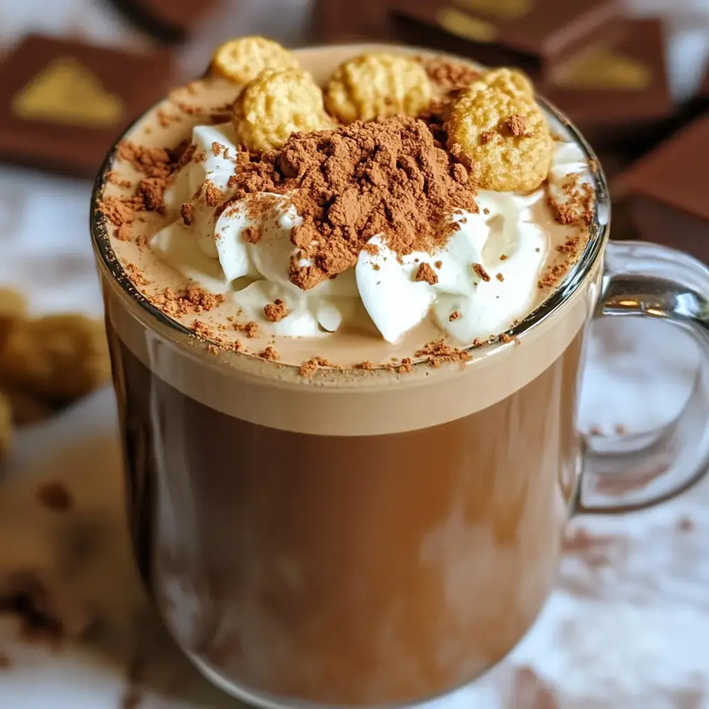 A clear glass mug filled with a creamy, brown beverage is topped with whipped cream, cocoa powder, and puffed cereal pieces.