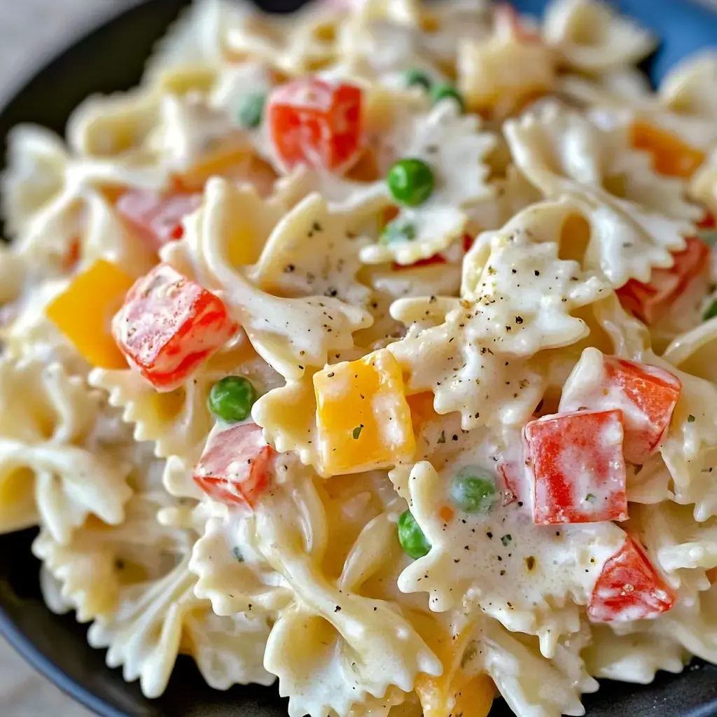 A close-up of creamy pasta salad featuring bow-tie pasta, red and yellow bell pepper, and green peas in a light sauce.