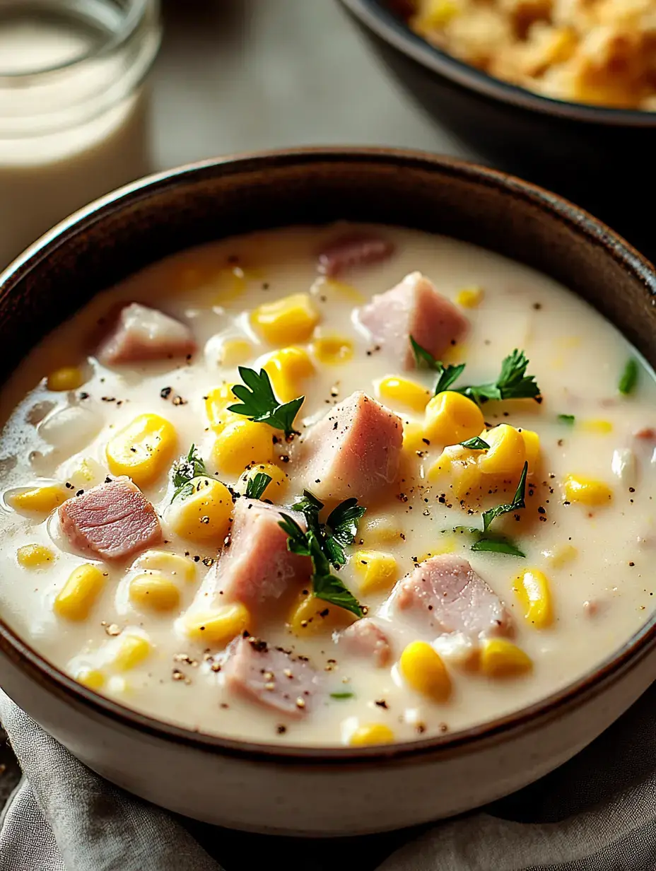 A close-up of a bowl of creamy corn and ham soup garnished with parsley and black pepper.