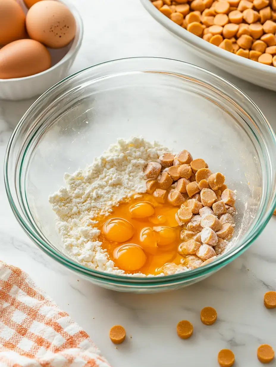 A glass bowl contains flour, several egg yolks, and butterscotch chips, with a few ingredients scattered around and eggs in the background.