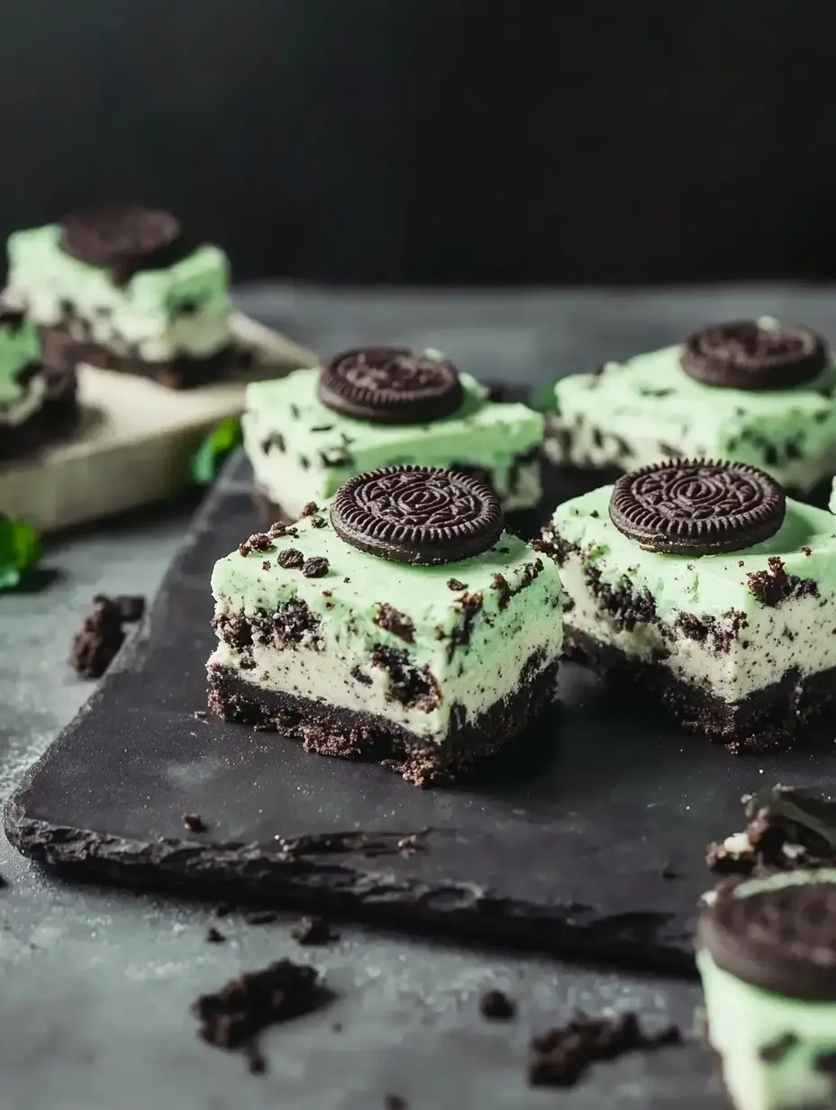 A close-up of mint green dessert squares with a crumbly chocolate crust, each topped with a mini Oreo cookie, on a dark stone surface.