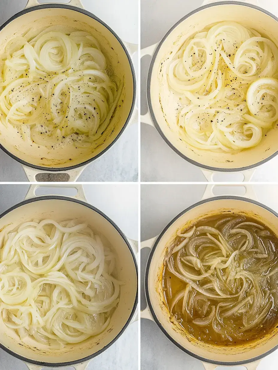 A collage of four images showing the stages of cooking onions in a pot, from starting with fresh onions to caramelized ones.