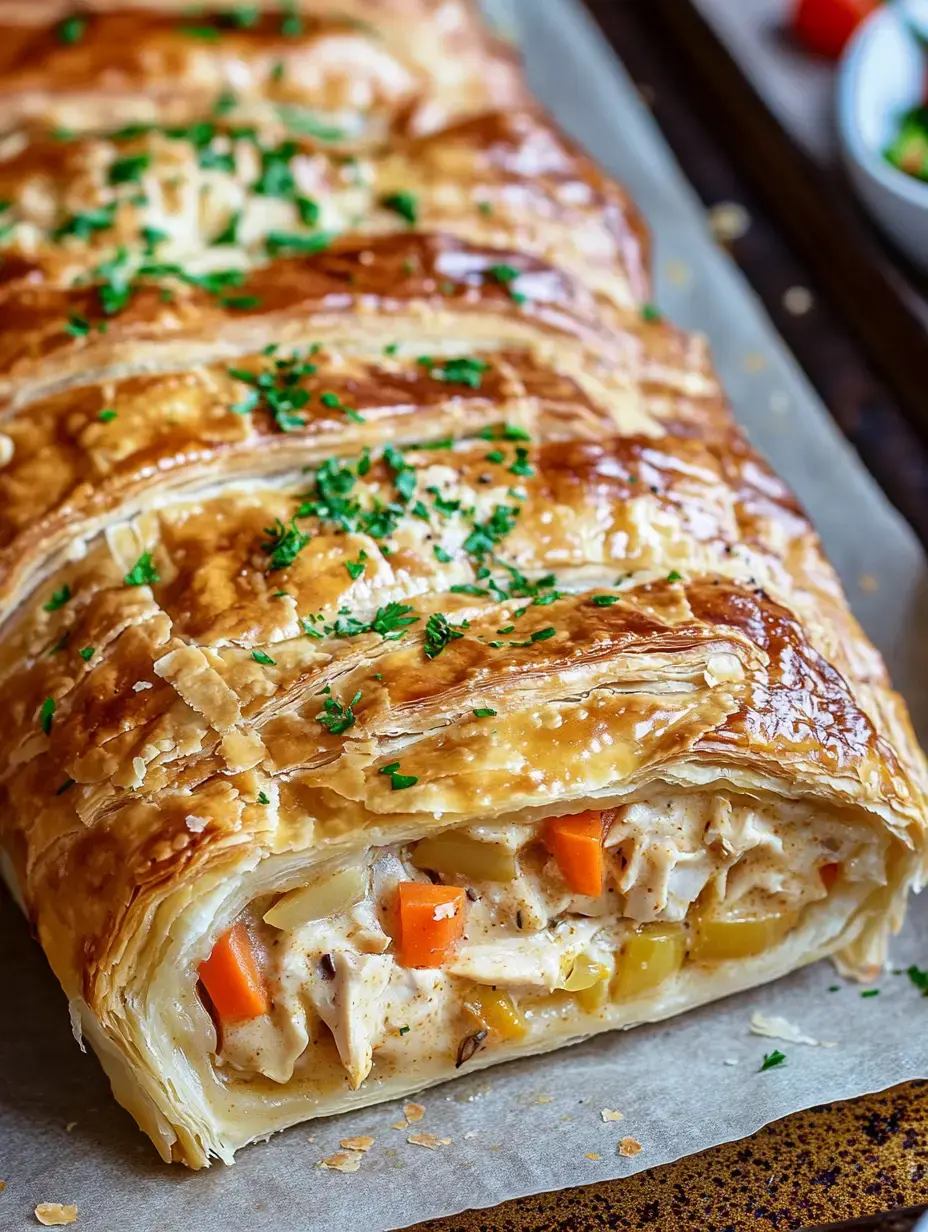 A golden-brown chicken and vegetable pastry roll, garnished with parsley, is displayed on parchment paper.