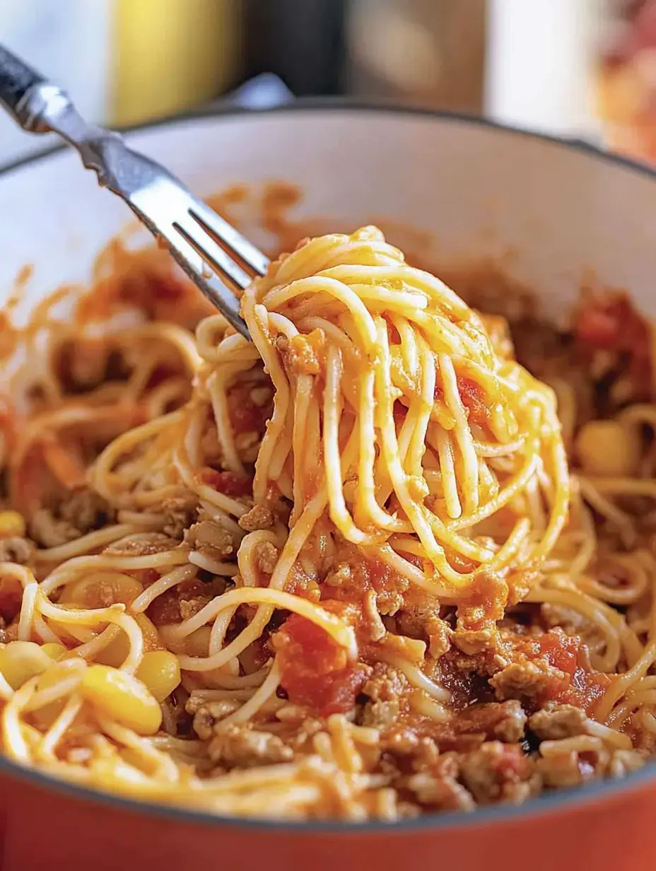 A fork is lifting a serving of spaghetti mixed with meat and tomato sauce from a pot.