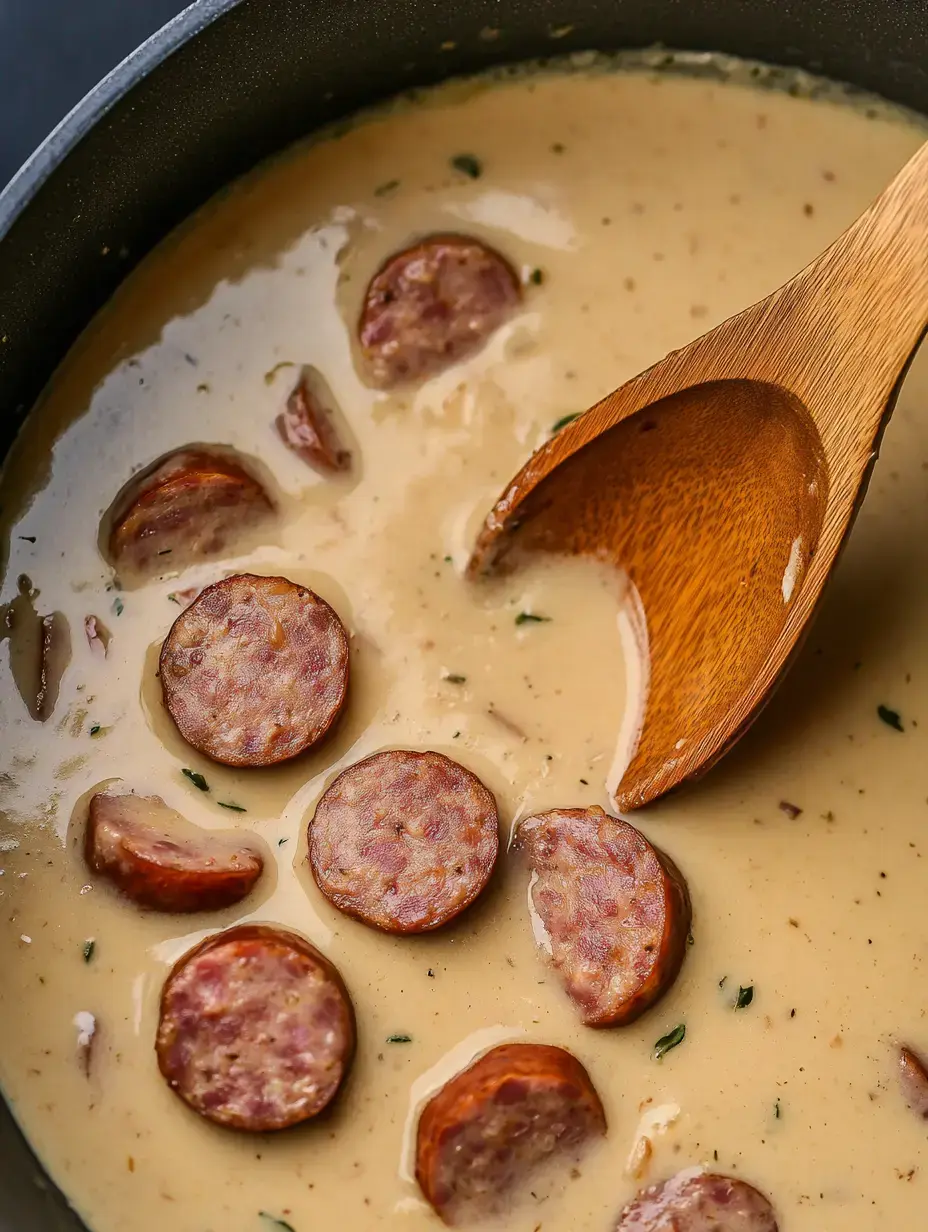 A wooden spoon stirs sliced sausage in a creamy sauce inside a pot.