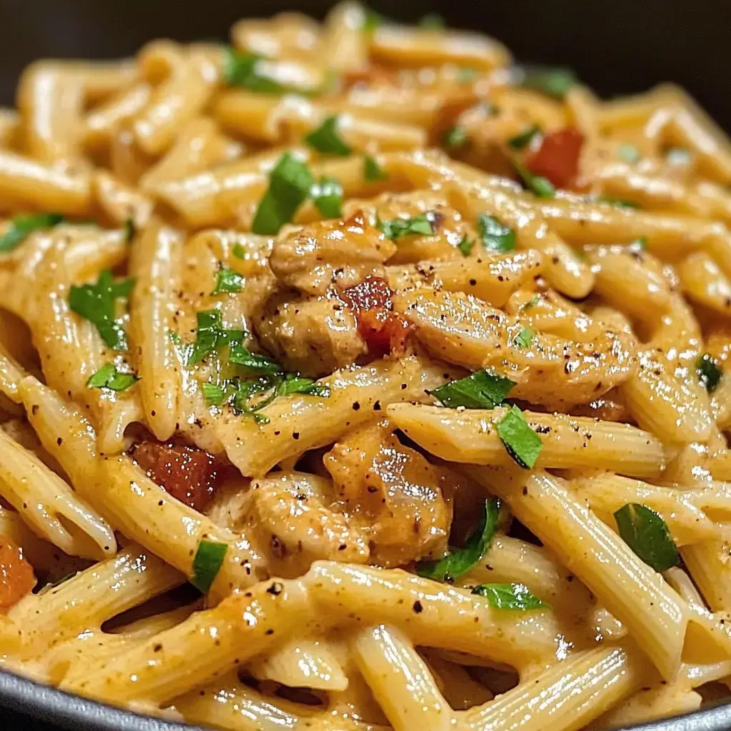 A close-up of creamy pasta with pieces of chicken, tomato, and chopped parsley sprinkled on top.