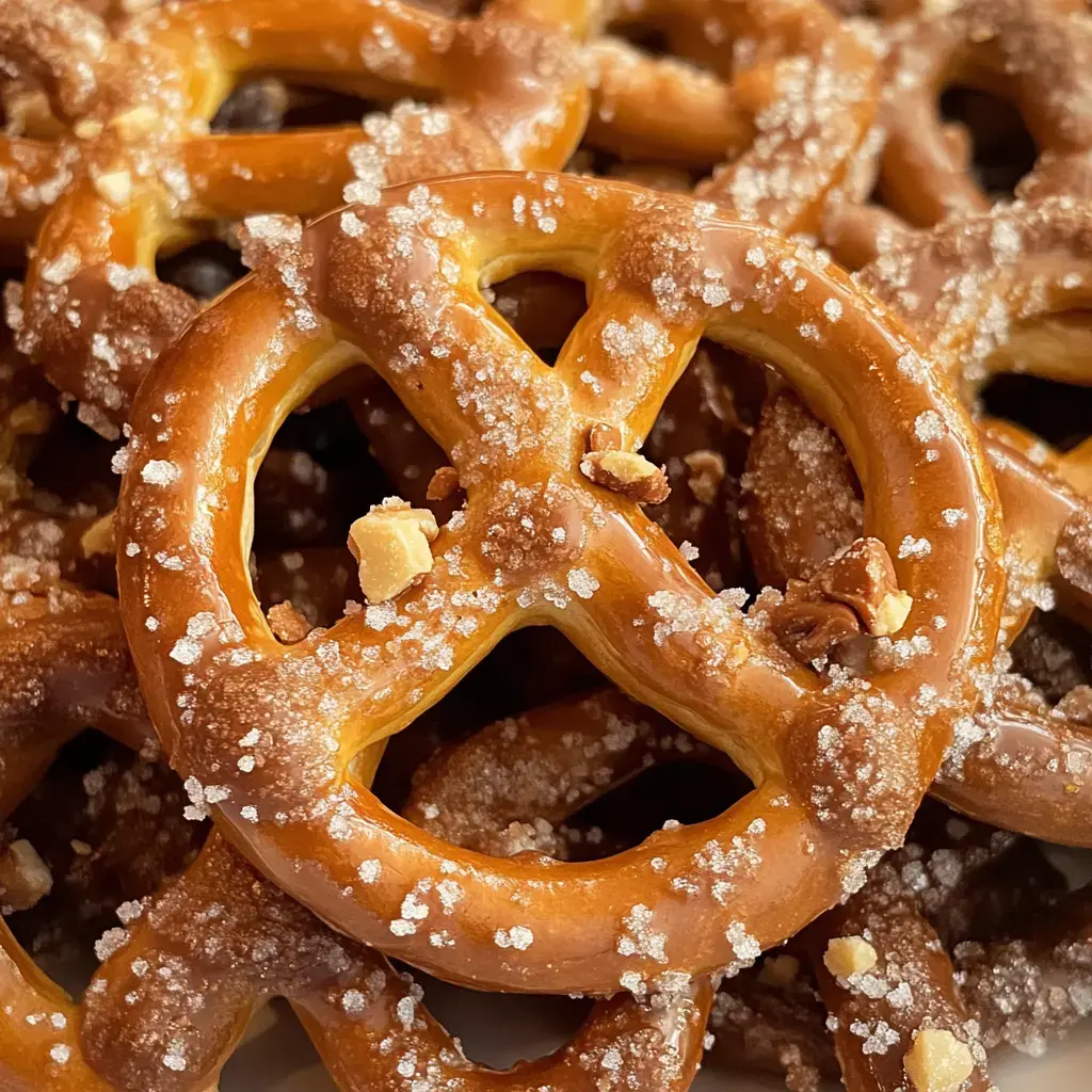 A close-up of crunchy pretzels coated with a sugary topping.