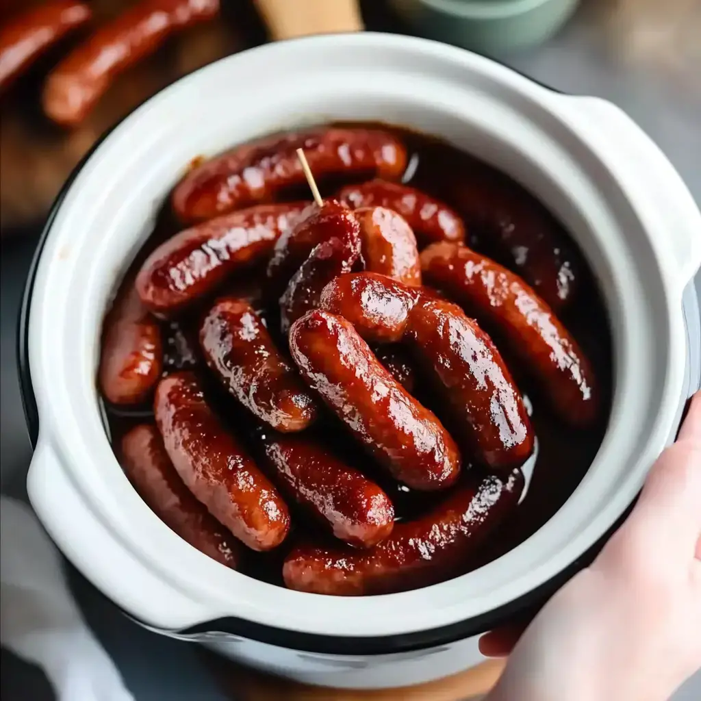 A close-up view of a slow cooker filled with glossy sausages arranged in a flavorful sauce.