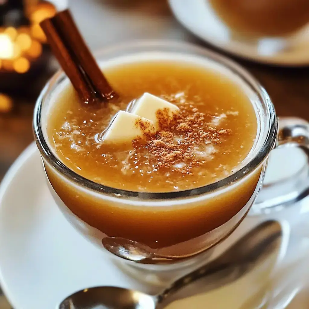 A close-up of a glass cup filled with a warm drink topped with cinnamon sticks, pieces of white substance, and sprinkled cinnamon powder.