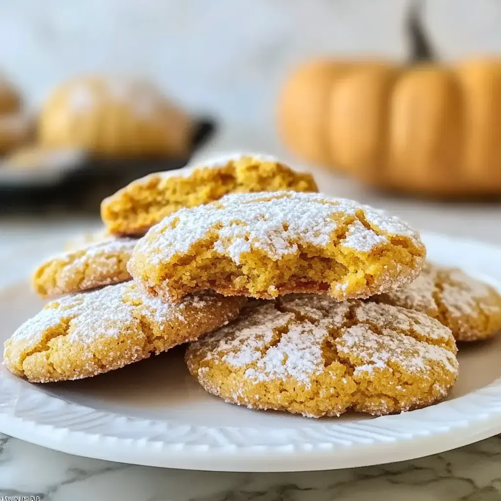 A plate of freshly baked pumpkin cookies dusted with powdered sugar, with a partially broken cookie in the foreground and a pumpkin in the background.