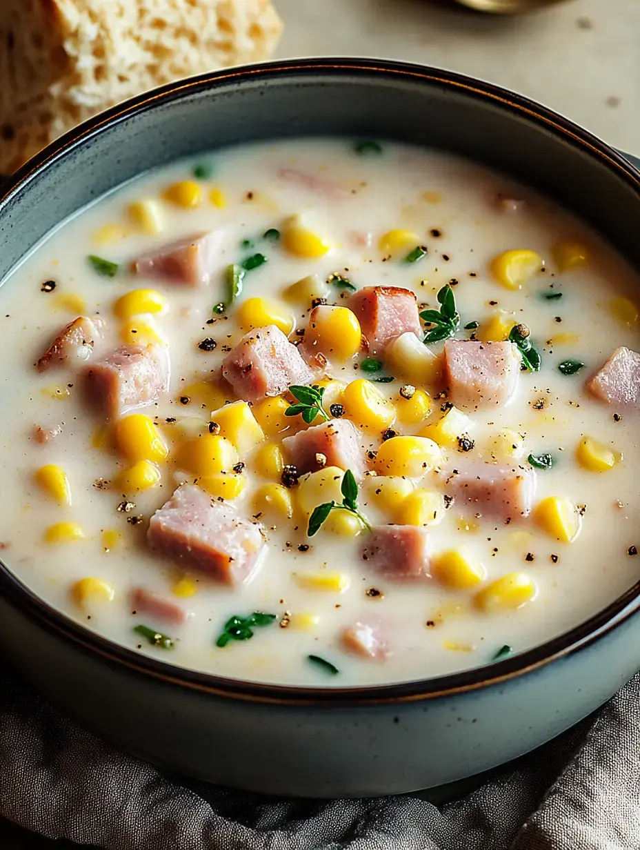 A close-up of a bowl of creamy corn and ham soup, garnished with herbs, next to a slice of bread.